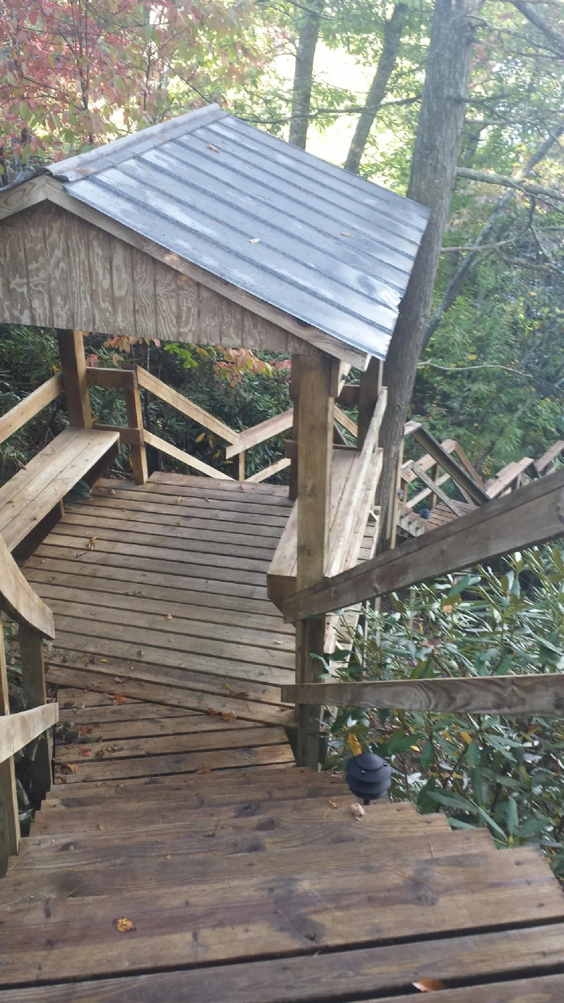 Metal roofed shelter over wooden steps on a wooded walkway — Skylight Repair & Installation work by our crew in Hay